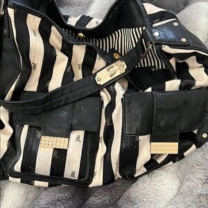 L.A.M.B. Black & Cream Striped Shoulder Bag with Gold Hardware
